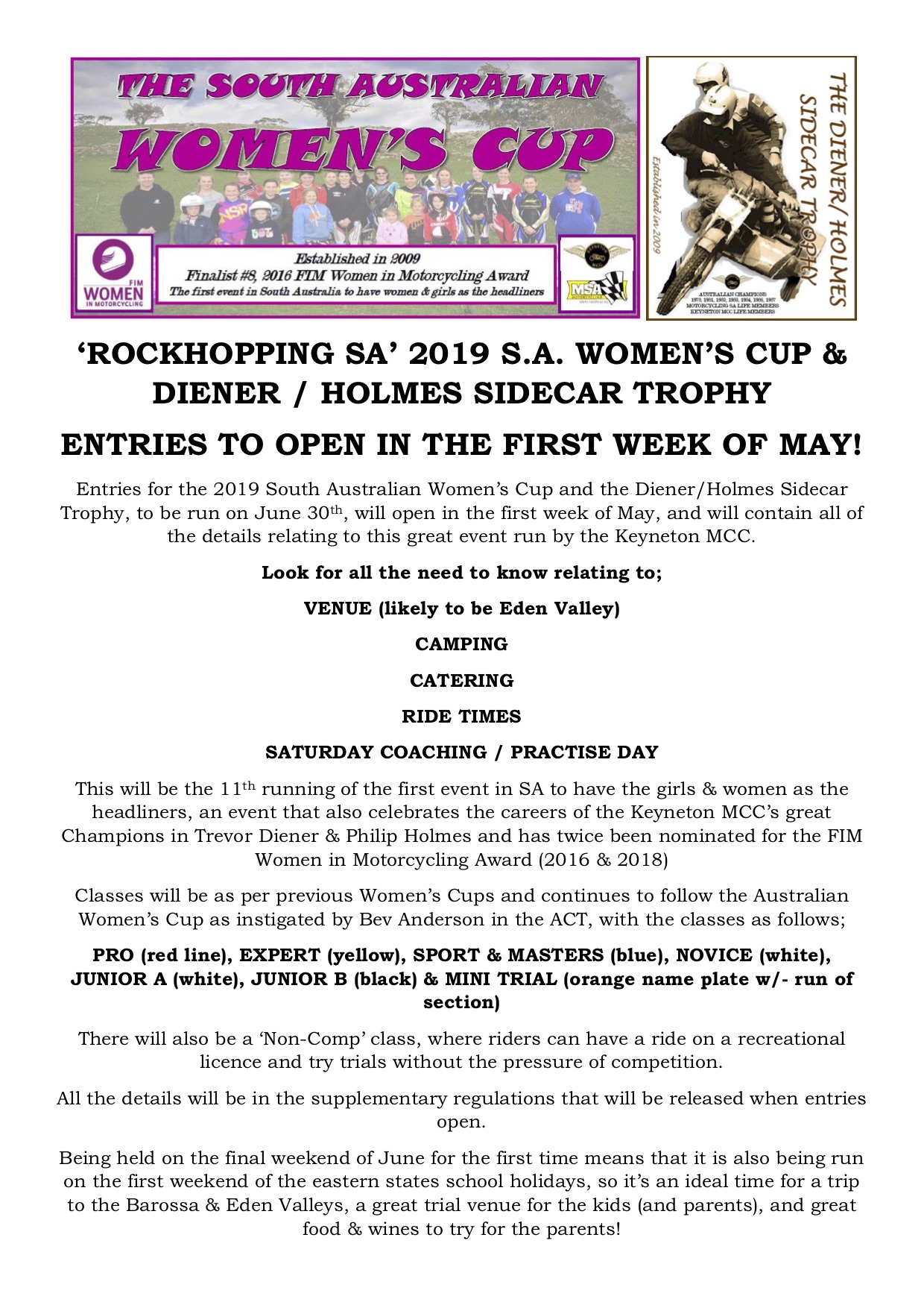 Rockhopping SA 2019 SA Women's Cup & Diener/Holmes Sidecar Trophy update