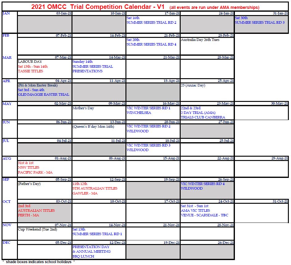 2021 Victoria's Oakleigh MCC Competition Calendar | Trials ...